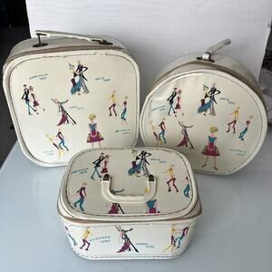 Vintage 1950's 3 piece Child luggage Suitcase Dance Print Jitterbug Waltz Train